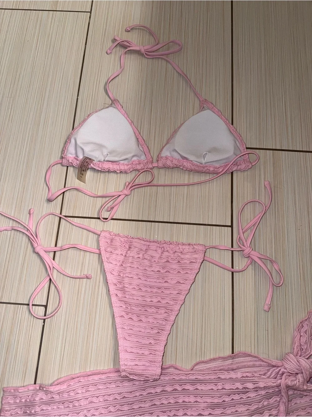 3 Piece Pink Triangle Bikini Set with Matching Sarong